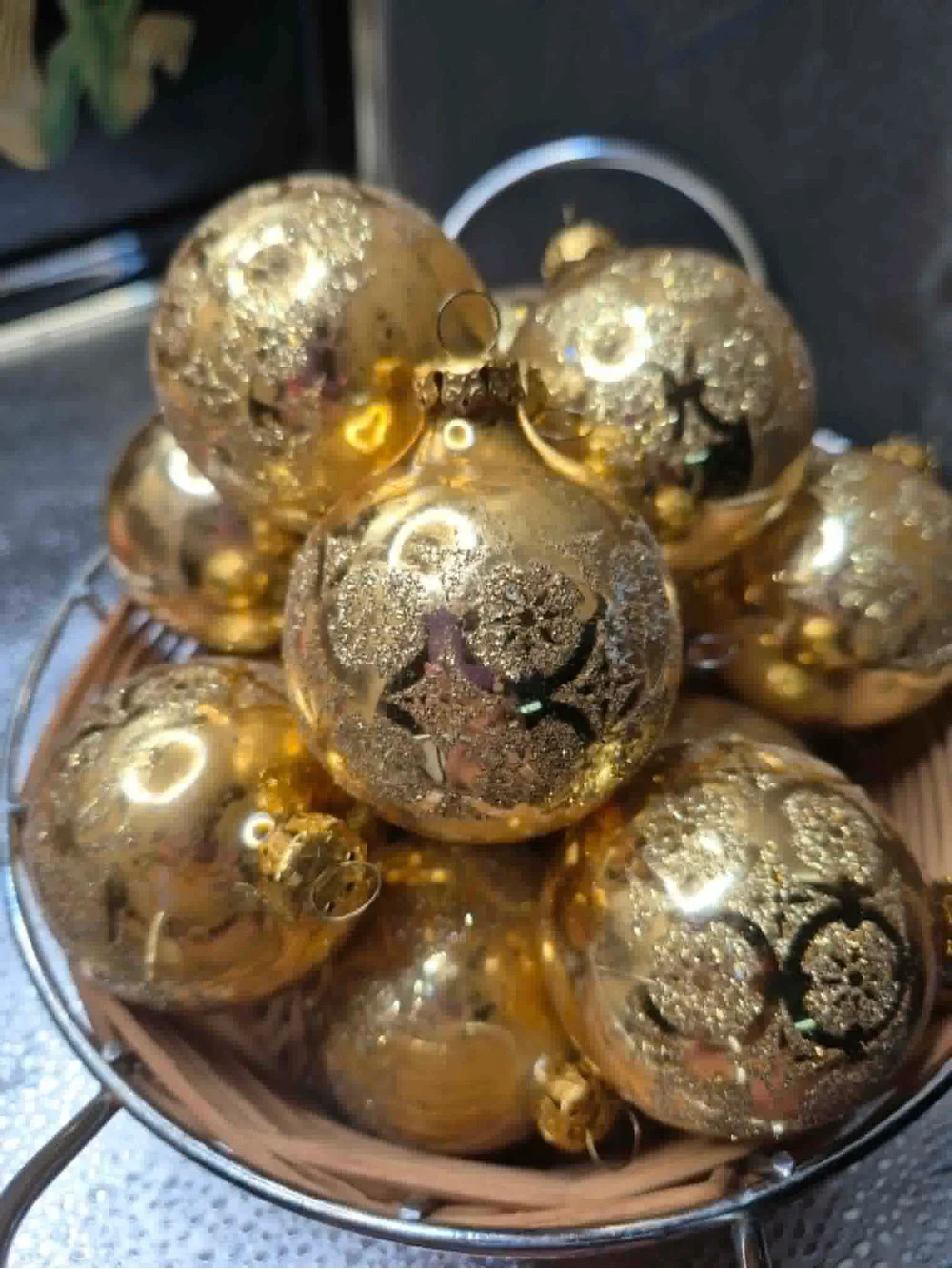 MCM Vintage Gold Mica on Mercury Glass Christmas Ornaments Set 7 - West Germany